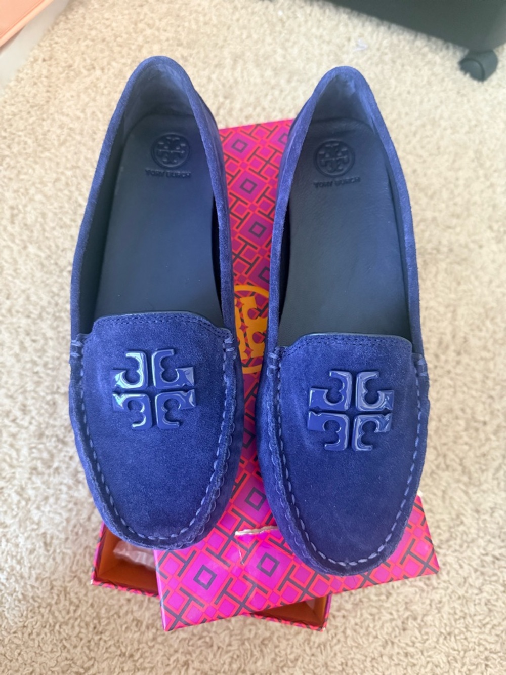 NEW Tory Burch Royal Blue Suede Logo Driving Loafers